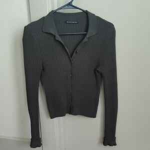 Brandy Melville Gray Ribbed Cardigan Sweater With Collar 100% Cotton Small